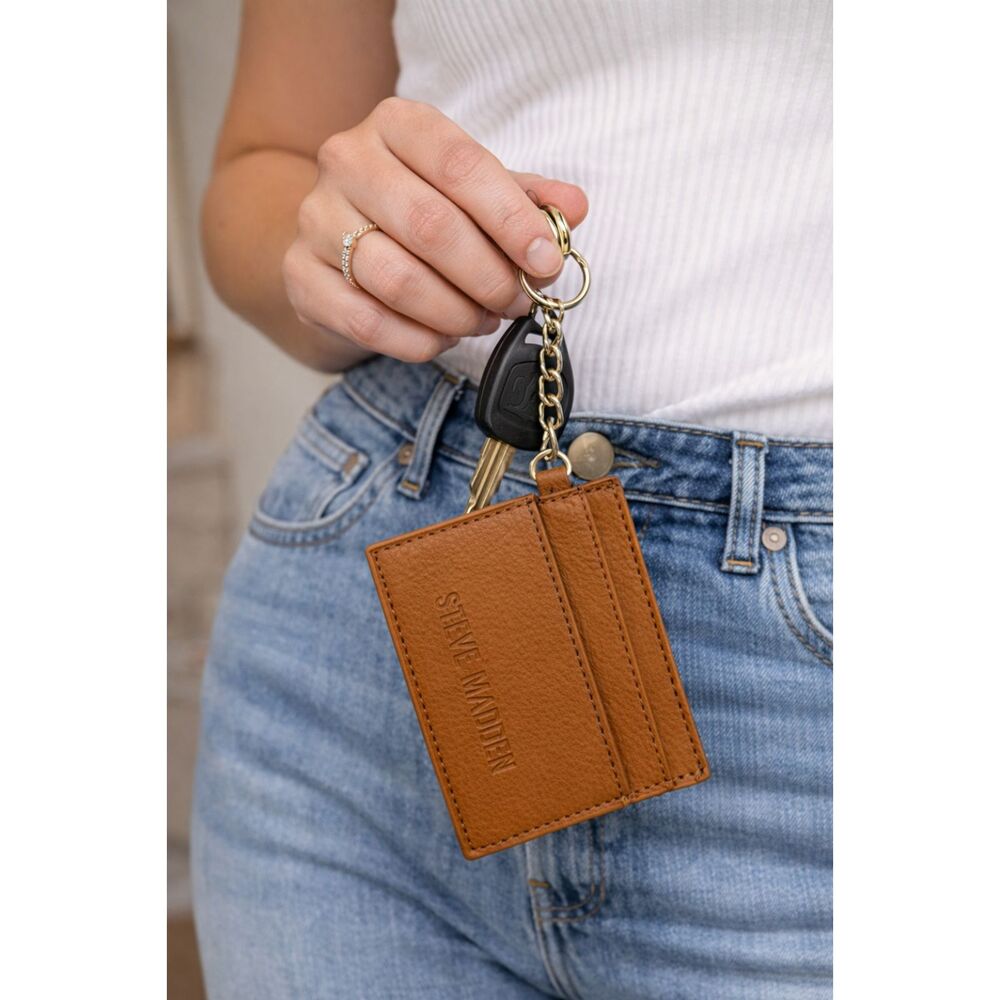 Steve Madden Brown Leather Cardholder Keychain Wallet Minimalist ID Holder